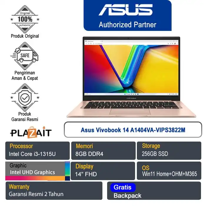 Asus Vivobook 14 A1404VA-VIPS3822M /Intel Core i3-1315U/8GB/256GB SSD/Intel UHD Graphics/14" FHD/Win 11 Home+OHM+M365/Terra Cotta/2Y