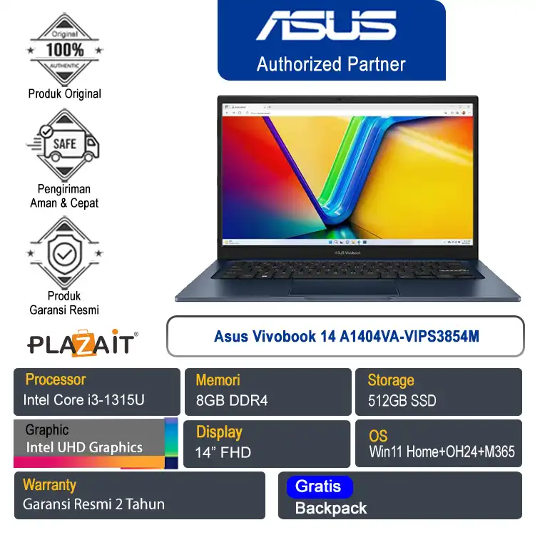 Asus Vivobook 14 A1404VA-VIPS3854M /Intel Core i3-1315U/8GB/512GB SSD/Intel UHD Graphics/14" FHD/Win 11 Home+OH24+M365/Quiet Blue/2Y