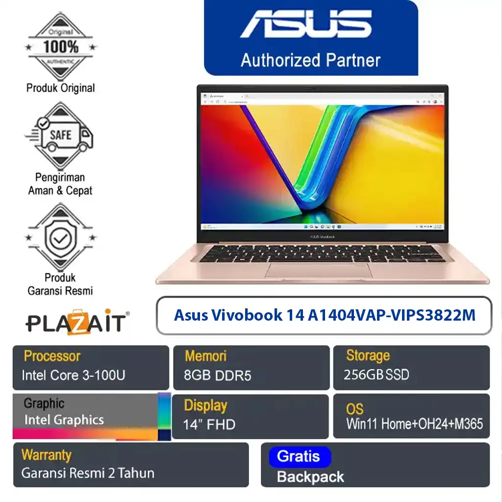Asus Vivobook 14 A1404VAP-VIPS3822M /Intel Core 3-100U/8GB/256GB SSD/Intel Graphics/14" FHD/Win 11 Home+OH24+M365/Terra Cotta/2Y