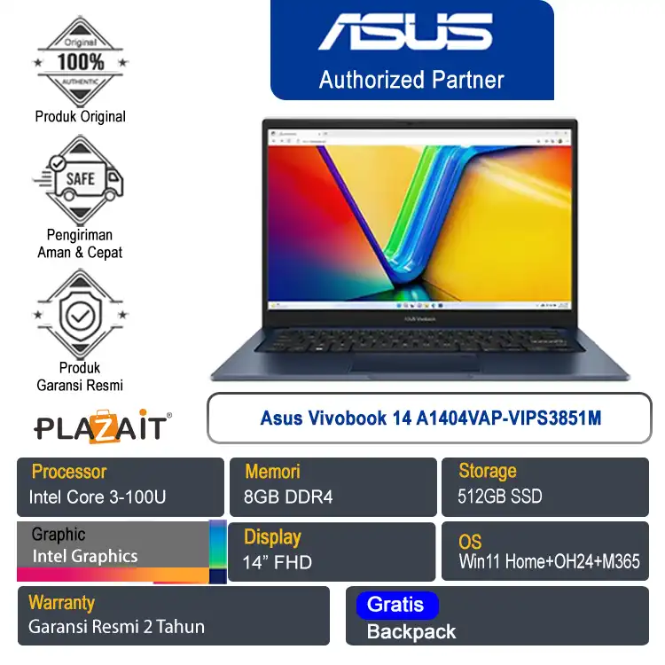 Asus Vivobook 14 A1404VAP-VIPS3851M /Intel Core 3-100U/8GB/512GB SSD/Intel Graphics/14" FHD/Win 11 Home+OH24+M365/Quiet Blue/2Y