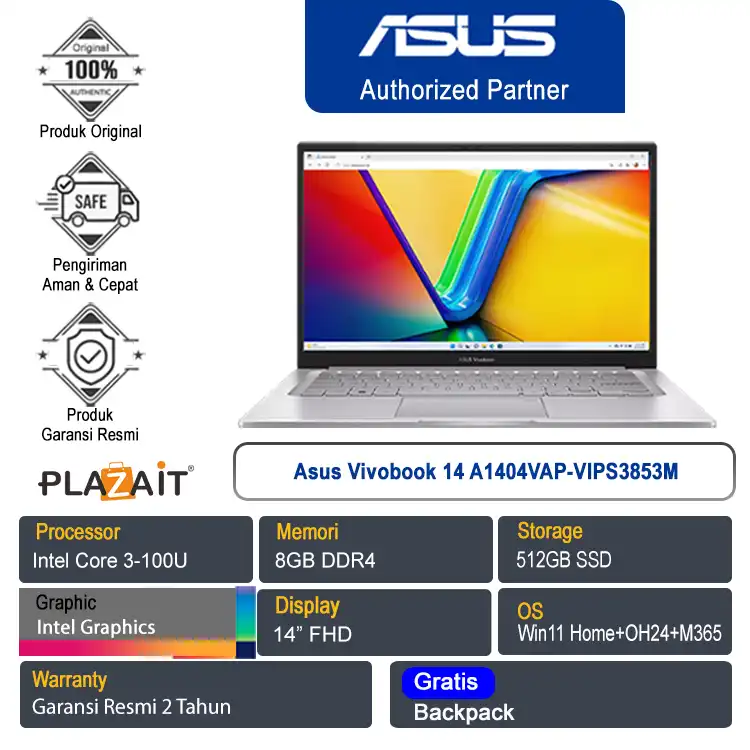Asus Vivobook 14 A1404VAP-VIPS3853M /Intel Core 3-100U/8GB/512GB SSD/Intel Graphics/14" FHD/Win 11 Home+OH24+M365/Cool Silver/2Y