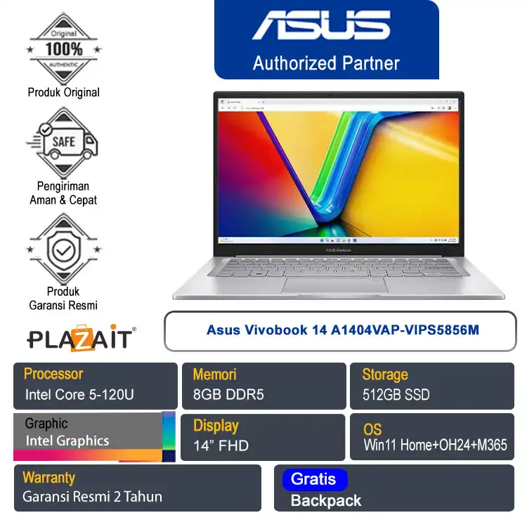 Asus Vivobook 14 A1404VAP-VIPS5856M /Intel Core 5-120U/8GB/512GB SSD/Intel Graphics/14" FHD/Win 11 Home+OH24+M365/Cool Silver/2Y