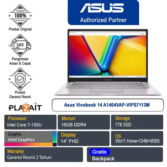 Asus Vivobook 14 A1404VAP-VIPS7113M /Intel Core 7-150U/16GB/1TB SSD/Intel Graphics/14" FHD/Win 11 Home+OHM+M365/Cool Silver/2Y