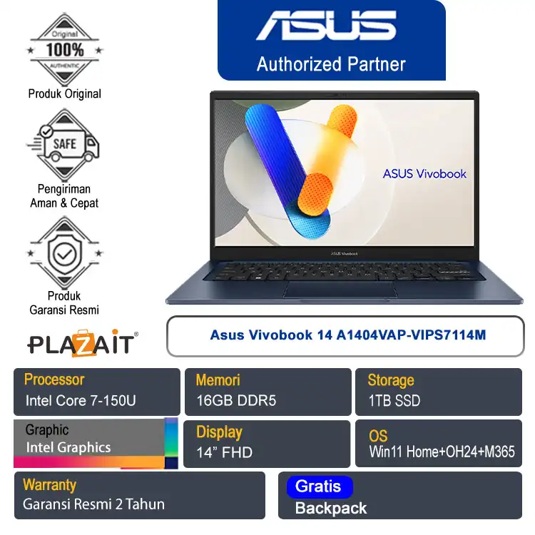 Asus Vivobook 14 A1404VAP-VIPS7114M /Intel Core 7-150U/16GB/1TB SSD/Intel Graphics/14" FHD/Win 11 Home+OH24+M365/Quiet Blue/2Y