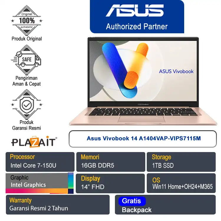 Asus Vivobook 14 A1404VAP-VIPS7115M /Intel Core 7-150U/16GB/1TB SSD/Intel Graphics/14" FHD/Win 11 Home+OH24+M365/Terra Cotta/2Y