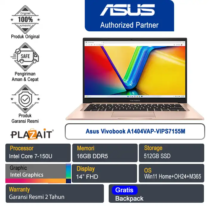 Asus Vivobook A1404VAP-VIPS7155M /Intel Core 7-150U/16GB/512GB SSD/Intel Graphics/14" FHD/Win 11 Home+OH24+M365/Terra Cotta/2Y