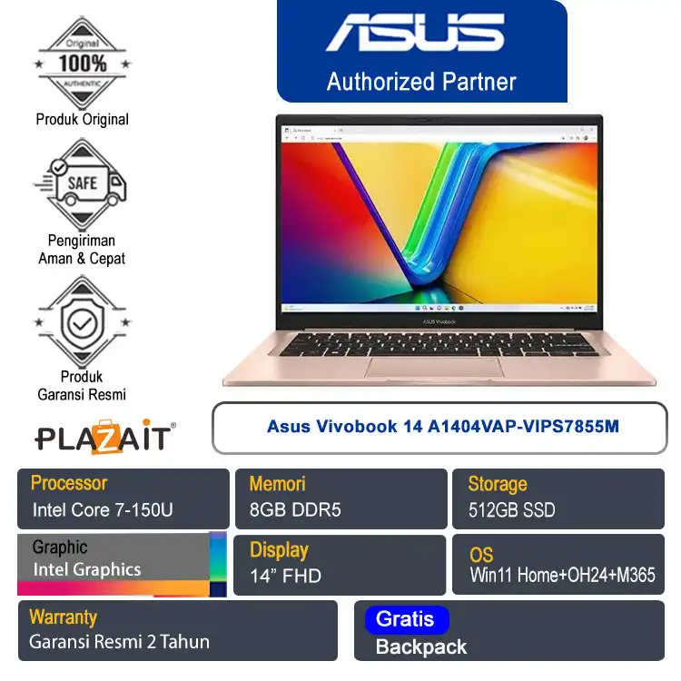 Asus Vivobook 14 A1404VAP-VIPS7855M /Intel Core 7-150U/8GB/512GB SSD/Intel Graphics/14" FHD/Win 11 Home+OH24+M365/Terra Cotta/2Y