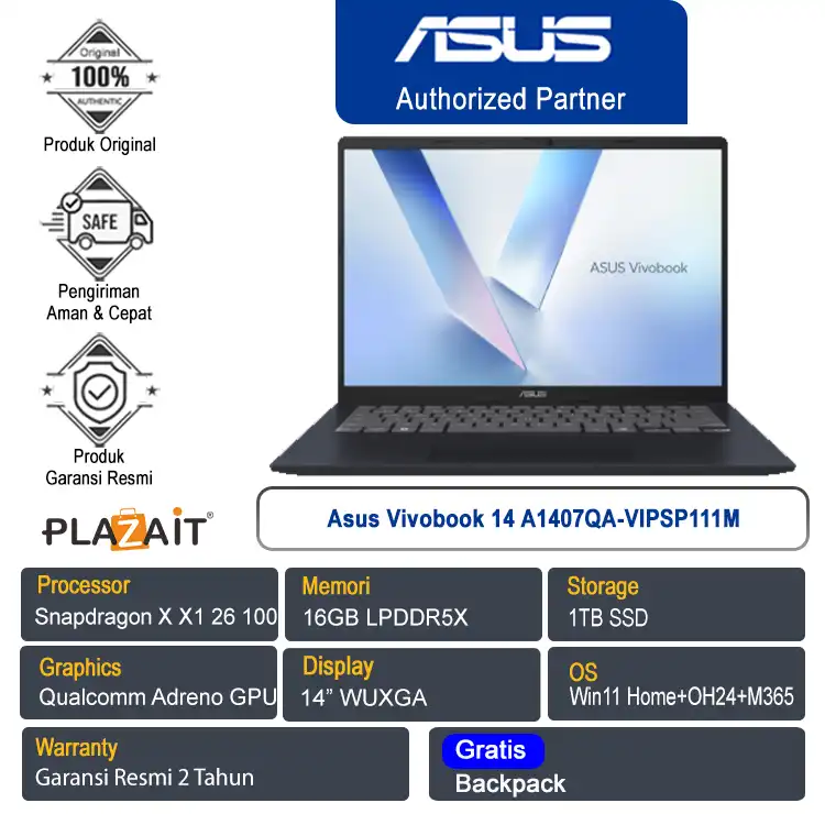 Asus Vivobook 14 A1407QA-VIPSP111M /Snapdragon X X1 26 100/16GB/1TB SSD/Qualcomm Adreno GPU/14" WUXGA/Win 11 Home+OH24+M365/Quiet Blue/2Y