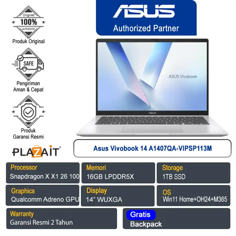 Asus Vivobook 14 A1407QA-VIPSP113M /Snapdragon X X1 26 100/16GB/1TB SSD/Qualcomm Adreno GPU/14" WUXGA/Win 11 Home+OH24+M365/Cool Silver/2Y