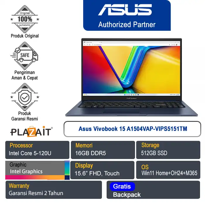 Asus Vivobook 15 A1504VAP-VIPS5151TM /Intel Core 5-120U/16GB/512GB SSD/Intel Graphics/15.6" FHD Touch/Win 11 Home+OH24+M365/Quiet Blue/2Y