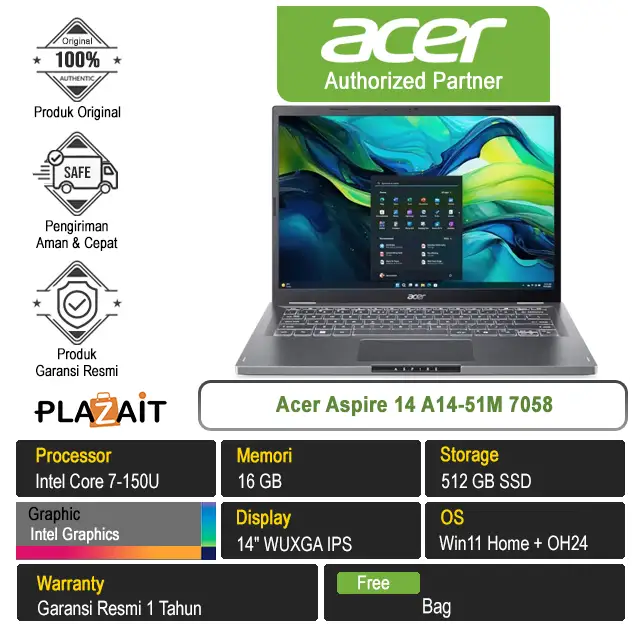 Acer Aspire 14 A14-51M 7058 /Intel Core 7-150U/16GB/512GB SSD/Intel Graphics/14" WUXGA/Win 11 Home+OH24/Steel Grey/1Y