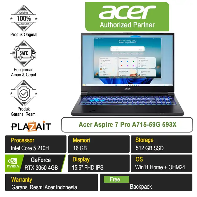 Acer Aspire 7 Pro A715-59G 593X /Intel Core 5-210H/16GB/512GB SSD/RTX3050 4GB/15.6" FHD/Win 11 Home+OH24+M365/Black