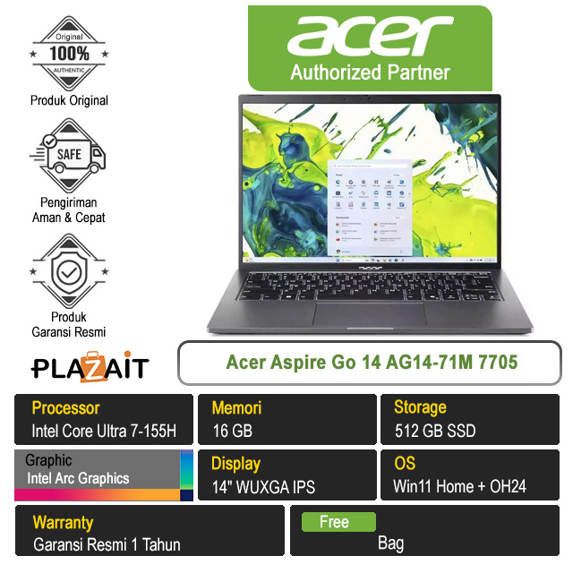 Acer Aspire Go 14 AG14-71M 7705 /Intel Core Ultra 7-155H/16GB/512GB SSD/Intel Arc Graphics/14" WUXGA/Win 11 Home+OH24/Space Grey/1Y