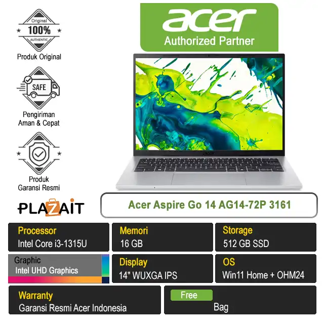 Acer Aspire Go 14 AG14-72P 3161 /Intel Core i3-1315U/16GB/512GB SSD/Intel UHD Graphics/14" WUXGA/Win 11 Home+OH24+M365/Light Silver
