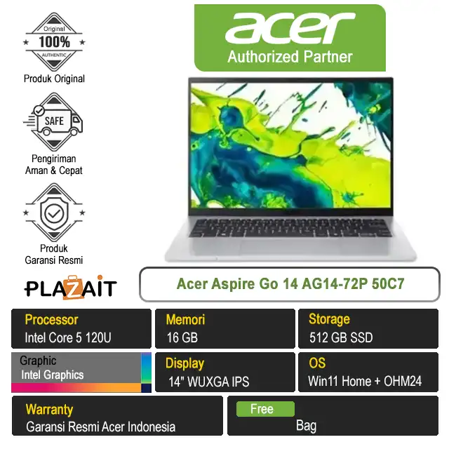 Acer Aspire Go 14 AG14-72P 50C7 /Intel Core 5-120U/16GB/512GB SSD/Intel Graphics/14" WUXGA/Win 11 Home+OH24+M365/Pure Silver