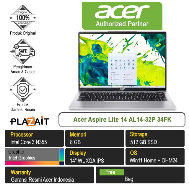 Acer Aspire Lite 14 AL14-32P 34FK /Intel Core 3 N355/8GB/512GB SSD/Intel Graphics/14" WUXGA IPS/Win 11 Home+OH24+M365/Light Silver