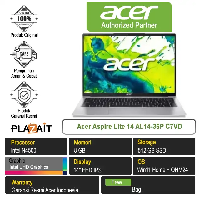Acer Aspire Lite 14 AL14-36P C7VD /Intel N4500/8GB/512GB SSD/Intel UHD Graphics/14" FHD IPS/Win 11 Home+OH24+M365/Silver