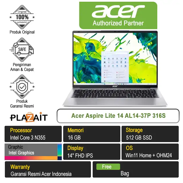 Acer Aspire Lite 14 AL14-37P 316S /Intel Core 3 N355/16GB/512GB SSD/Intel Graphics/14" FHD/Win 11 Home+OH24+M365/Silver