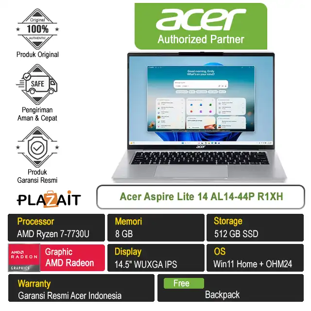 Acer Aspire Lite 14 AL14-44P R1XH /AMD Ryzen 7-7730U/8GB/512GB SSD/AMD Radeon Graphics/14.5″ WUXGA IPS/Win 11 Home+OH24+M365/Light Silver