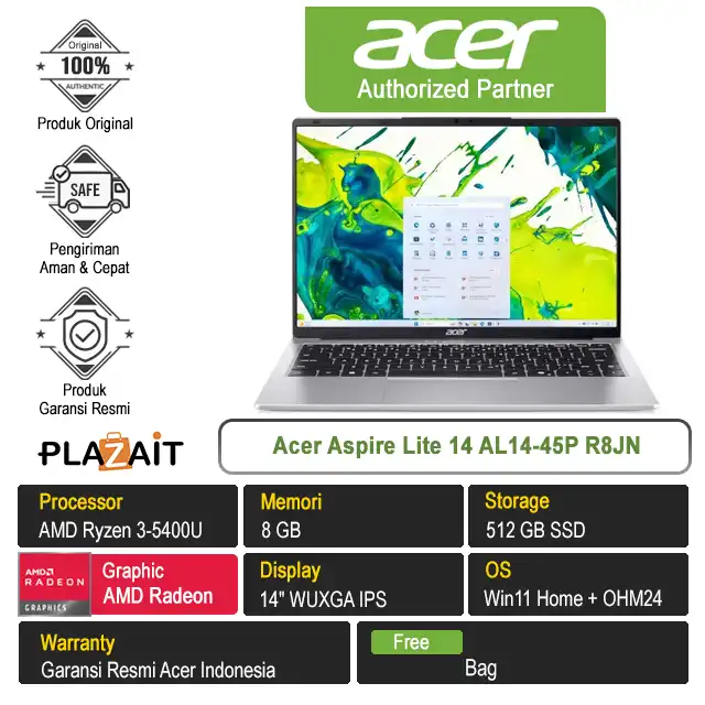 Acer Aspire Lite 14 AL14-45P R8JN /AMD Ryzen 3-5400U/8GB/512GB SSD/AMD Radeon Graphics/14" WUXGA IPS/Win 11 Home+OH24+M365/Light Silver