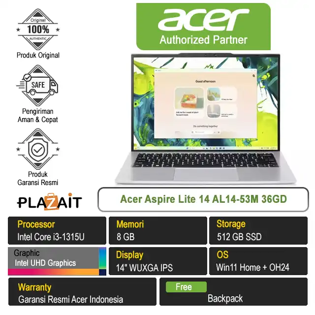 Acer Aspire Lite 14 AL14-53M 36GD /Intel Core i3-1315U/8GB/512GB SSD/Intel UHD Graphics/14" WUXGA/Win 11 Home+OH24/Light Silver