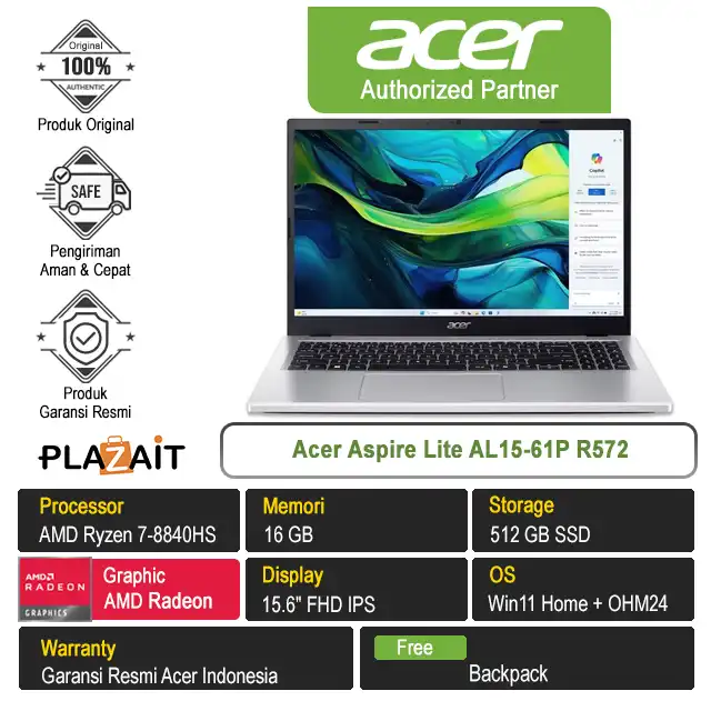 Acer Aspire Lite AL15-61P R572 /AMD Ryzen 7-8840HS/16GB/512GB SSD/AMD Radeon Graphics/15.6″ FHD/Win 11 Home+OH24+M365/Light Silver