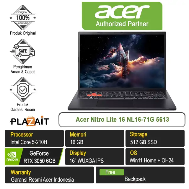 Acer Nitro Lite 16 NL16-71G 5613 /Intel Core 5-210H/16GB/512GB SSD/RTX3050 6GB/16" WUXGA/Win 11 Home+OH24/Shale Black