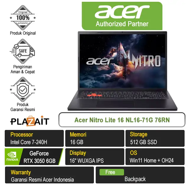 Acer Nitro Lite 16 NL16-71G 76RN /Intel Core 7-240H/16GB/512GB SSD/RTX3050 6GB/16" WUXGA/Win 11 Home+OH24/Black