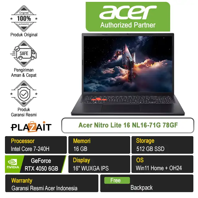 Acer Nitro Lite 16 NL16-71G 78GF /Intel Core 7-240H/16GB/512GB SSD/RTX4050 6GB/16" WUXGA/Win 11 Home+OH24/Shale Black