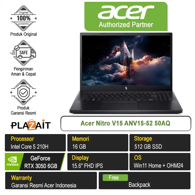 Acer Nitro V15 ANV15-52 50AQ /Intel Core 5 210H/16GB/512GB SSD/RTX3050 6GB/15.6″ FHD/Win 11 Home+OH24+M365/Black