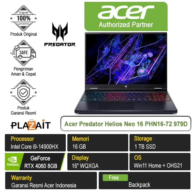 Acer Predator Helios Neo 16 PHN16-72 979D /Intel Core i9-14900HX/16GB/1TB SSD/RTX4060 8GB/16″ WQXGA 165Hz/Win 11 Home+OHS21/Black