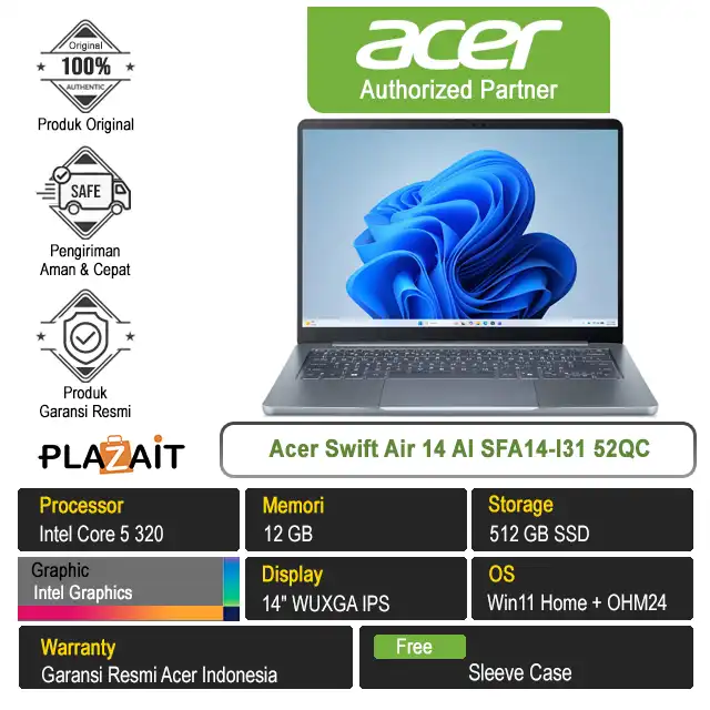 Acer Swift Air 14 AI SFA14-I31 52QC /Intel Core 5-320/12GB/512GB SSD/Intel Graphics/14″ WUXGA IPS/Win 11 Home+OH24+M365/Frost Blue