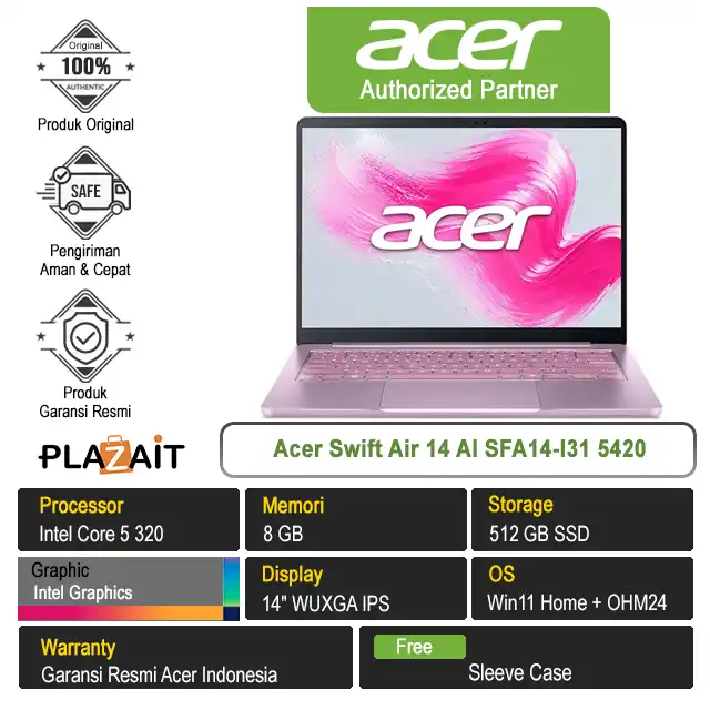 Acer Swift Air 14 AI SFA14-I31 5420 /Intel Core 5-320/8GB/512GB SSD/Intel Graphics/14″ WUXGA IPS/Win 11 Home+OH24+M365/Blossom Pink