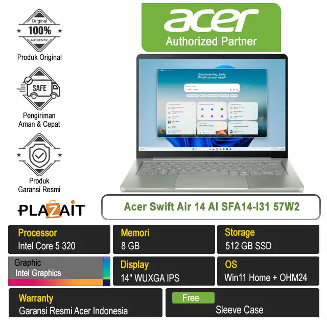 Acer Swift Air 14 AI SFA14-I31 57W2 /Intel Core 5-320/8GB/512GB SSD/Intel Graphics/14″ WUXGA IPS/Win 11 Home+OH24+M365/Sage Green