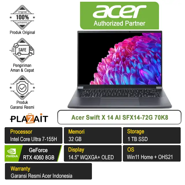 Acer Swift X 14 AI SFX14-72G 70K8 /Intel Core Ultra 7-155H/32GB/1TB SSD/RTX4060 8GB/14.5″ OLED/Win 11 Home+OHS21/Steel Gray