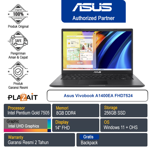 Asus A1400EA FHD7524/Intel Pentium Gold 7505/8GB/256GB SSD/Intel UHD Graphics/14" FHD/Win11/Indie Black/2Y