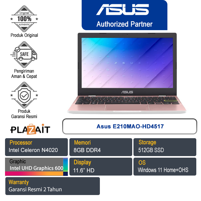Asus E210MAO-HD4517 /Intel Celeron N4020/8GB /512GB SSD/Intel UHD Graphics 600/11.6″ HD/Win 11 Home+OHS 2021/Rose Pink/2Y