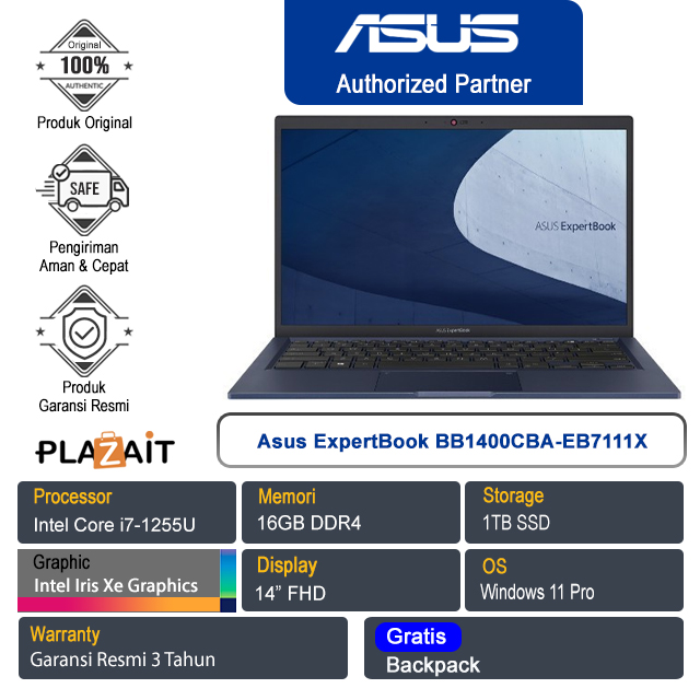 Asus ExpertBook B1400CBA-EB7111X /Intel Core I7-1255U/16GB/1TB SSD/Intel Iris Xᵉ Graphics/14" FHD/Win 11 Pro/Black/3Y