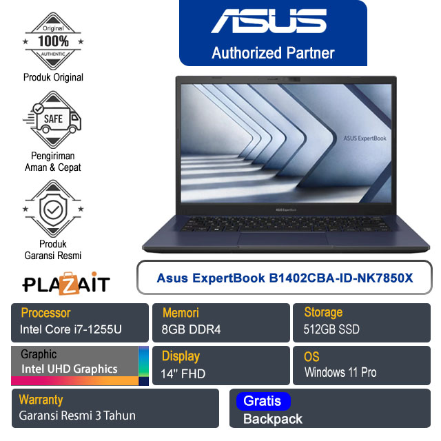Asus ExpertBook B1402CBA-ID-NK7850X/Intel Core i7-1255U/8GB/512GB SSD/Intel UHD Graphics/14" FHD/Win 11 Pro/Star Black/3Y [TKDN]