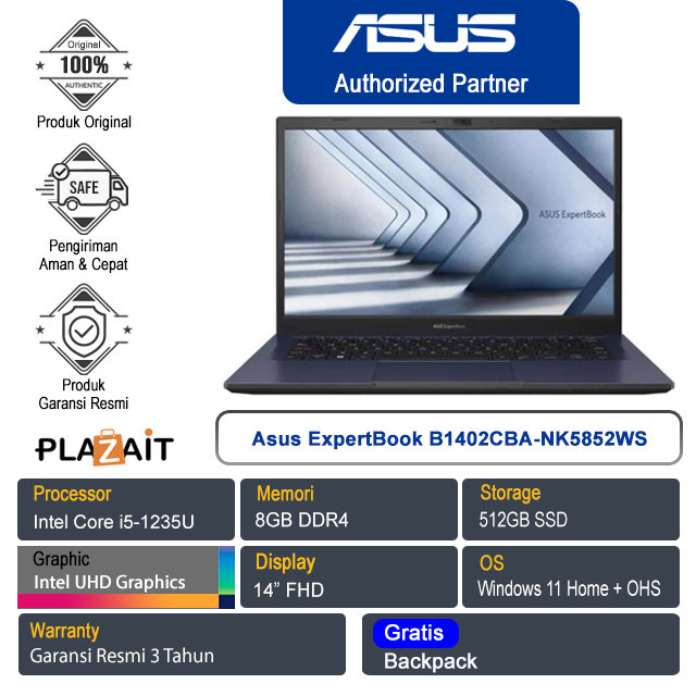 Asus ExpertBook B1402CBA-NK5852WS /Intel Core i5-1235U/8GB/512GB SSD/Intel UHD Graphics/14" FHD/Win 11 Home+OHS 2021/Star Black/3Y