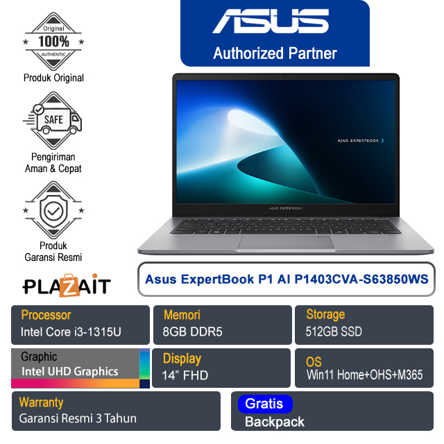Asus ExpertBook P1 AI PC P1403CVA-S63850WS /Intel Core i3-1315U/8GB/512GB SSD/ Intel UHD Graphics/14" FHD/Win 11 Home+OHS+M365/Misty Grey/3Y
