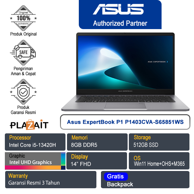 Asus ExpertBook P1 P1403CVA-S65851WS /Intel Core i5-13420H/8GB/512GB SSD/Intel UHD Graphics/14" FHD/Win 11 Home+OHS+M365/Misty Grey/3Y