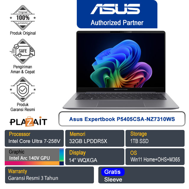 Asus Expertbook P5405CSA-NZ7310WS /Intel Core Ultra 7-258V/32GB/1TB SSD/Intel Arc 140V/14" WQXGA/Win 11 Home+OHS+M365/Misty Grey/3Y