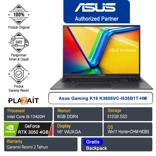 Asus Gaming K16 K3605VC-I535B1T-HM /Intel Core i5-13420H/8GB/512GB SSD/NVIDIA GeForce RTX 3050 4GB/16" WUXGA/Win 11 Home+OHM+M365/Indie Black/2Y
