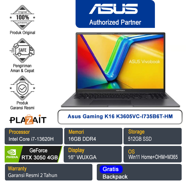 Asus Gaming K16 K3605VC-I735B6T-HM /Intel Core i7-13620H/16GB/512GB SSD/NVIDIA GeForce RTX 3050 4GB/16" WUXGA/Win 11 Home+OHM+M365/Indie Black/2Y