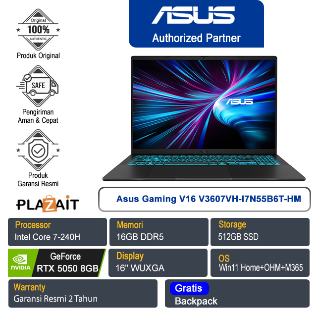 Asus Gaming V16 V3607VH-I7N55B6T-HM /Intel Core 7-240H/16GB/512GB SSD/NVIDIA GeForce RTX 5050 8GB/16″ WUXGA/Win 11 Home+OHM+M365/Matte Black/2Y