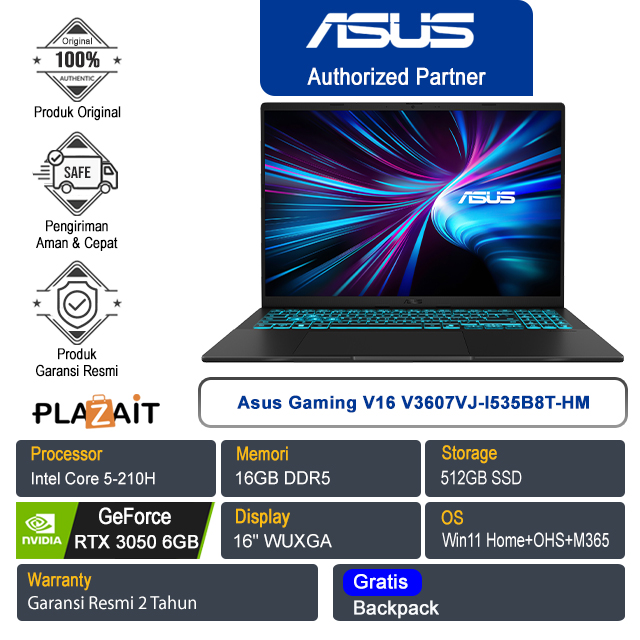 Asus Gaming V16 V3607VJ-I535B8T-HM /Intel Core 5-210H/16GB/512GB SSD/NVIDIA GeForce RTX 3050 6GB/16" WUXGA /Win 11 Home+OHS+M365/Matte Black/2Y