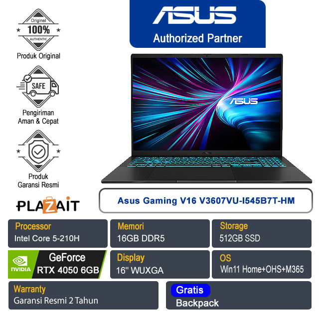 Asus Gaming V16 V3607VU-I545B7T-HM /Intel Core 5-210H/16GB/512GB SSD/NVIDIA GeForce RTX 4050 6GB/16" WUXGA /Win 11 Home+OHM+M365/Matte Black/2Y