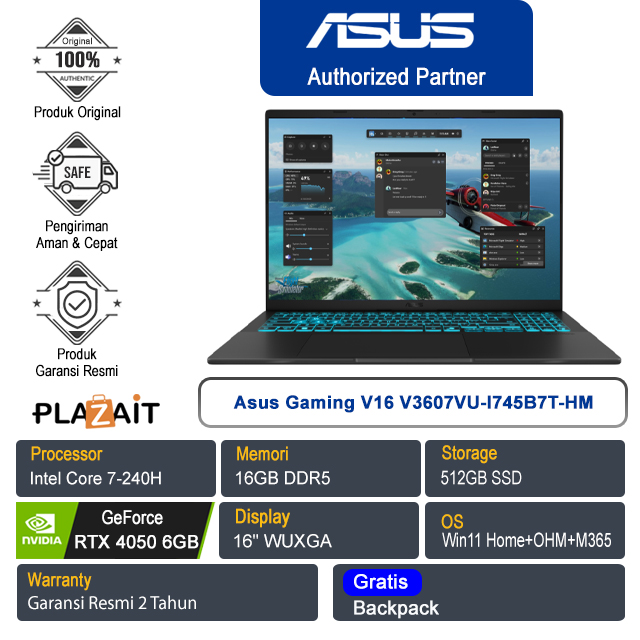 Asus Gaming V16 V3607VU-I745B7T-HM /Intel Core 7-240H/16GB/512GB SSD/NVIDIA GeForce RTX 4050 6GB/16″ WUXGA/Win 11 Home+OHM+M365/Matte Black/2Y