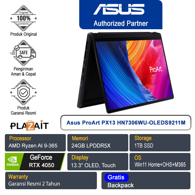 Asus ProArt PX13 HN7306WU-OLEDS9211M /AMD Ryzen AI 9-365/24GB/1TB SSD/NVIDIA GeForce RTX 4050/13.3" OLED Touch/Win 11 Home+OHS+M365/Nano Black/2Y